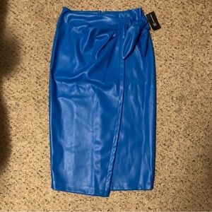 INC bright peacock blue faux leather stretch faux wrap midi pencil skirt NWT